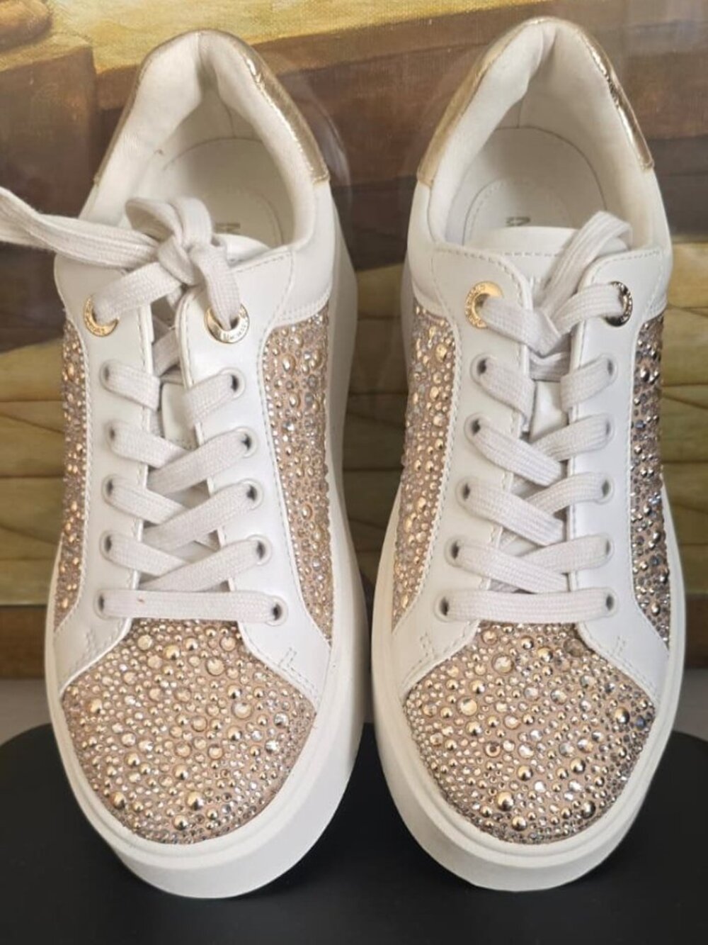 Michael Kors White Gold Rhinestone Sneakers Women Platform Shoes MK Sparkle - Picture 6 of 6